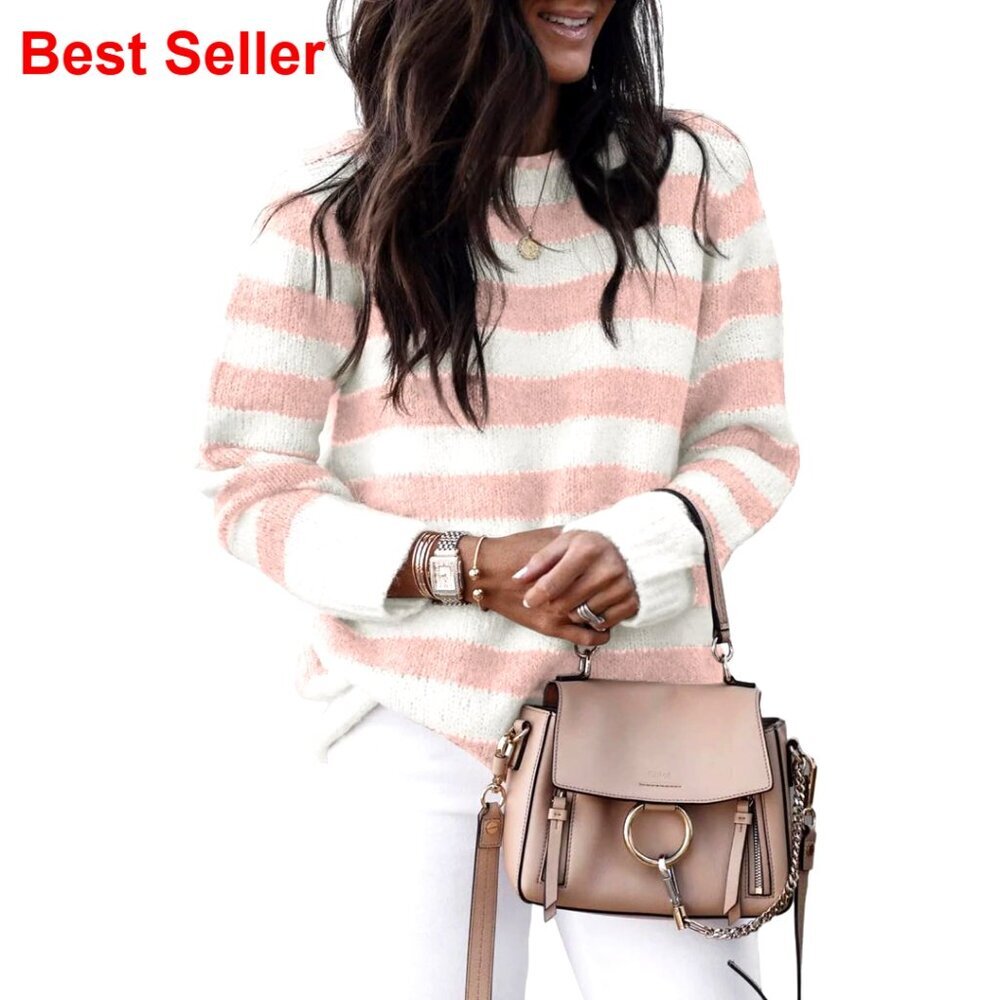 Striped Crewneck Knit Pullover Sweater Casual Loose Fit Long Sleeve